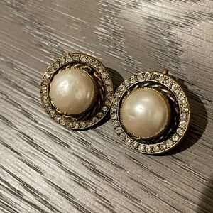 Vintage CHANEL Gold-Tone Pearl and Crystal Round Clip Earrings